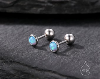 Tiny 3mm Blue Opal Screw Back Earrings in Sterling Silver, Small Opal Stud, Blue Opal Screw Back Earrings, Fire Opal