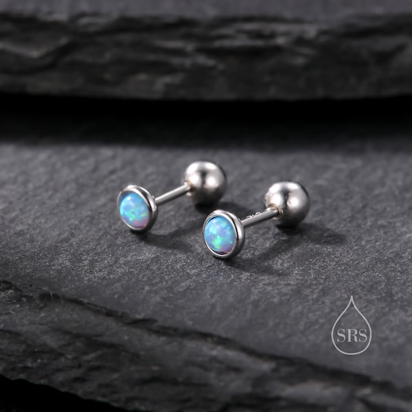 Petites boucles d'oreilles en argent sterling avec opale bleue de 3 mm, petit clou d'oreille en opale, boucles d'oreilles à fond vissé en opale bleue, opale de feu