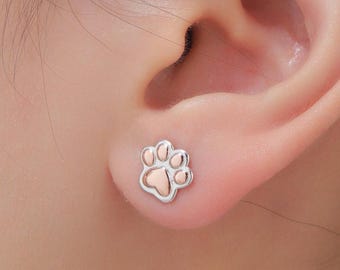Cute Paw Print Stud Earrings in Sterling Silver - Dog Paw, Cat Paw Stud Earrings - Two Tone Finish - Pet Lover - Cute,  Fun, Whimsical