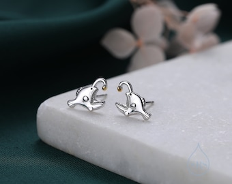 Anglerfish Stud Earrings in Sterling Silver, Anglerfish Earrings, Fish Earrings, Silver Fish Stud, Cute and Quirky Animal Earrings