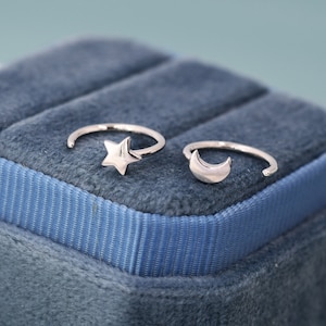 Tiny Mismatched Moon and Star Huggie Hoop Earrings in Sterling Silver, Asymmetric Pull Through Earrings, Half Hoop, Silver or Gold image 1