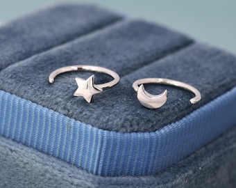 Tiny Mismatched Moon and Star Huggie Hoop Earrings in Sterling Silver, Asymmetric Pull Through Earrings, Half Hoop, Silver or Gold