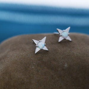 White Opal Star Stud Earrings in Sterling Silver, Silver or Gold, Four Point Star Opal Earrings, Stacking Earrings
