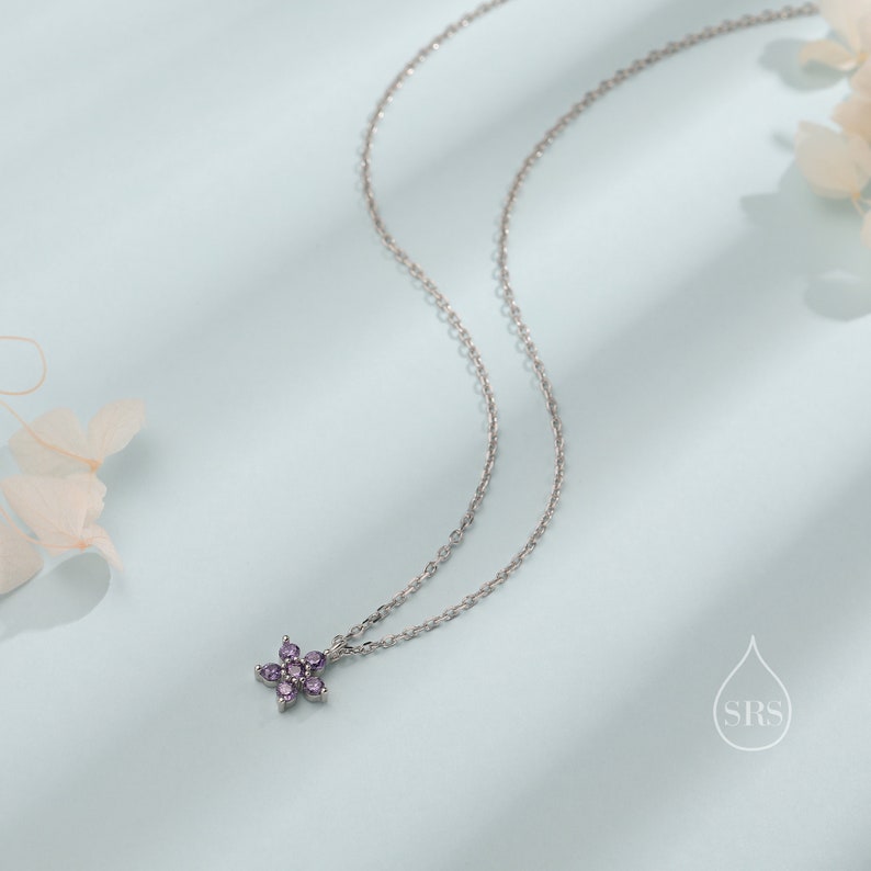 Tiny Forget Me Not Flower CZ Necklace in Sterling Silver, Silver or Gold, Various Colours, Tiny CZ Flower Pendant zdjęcie 4
