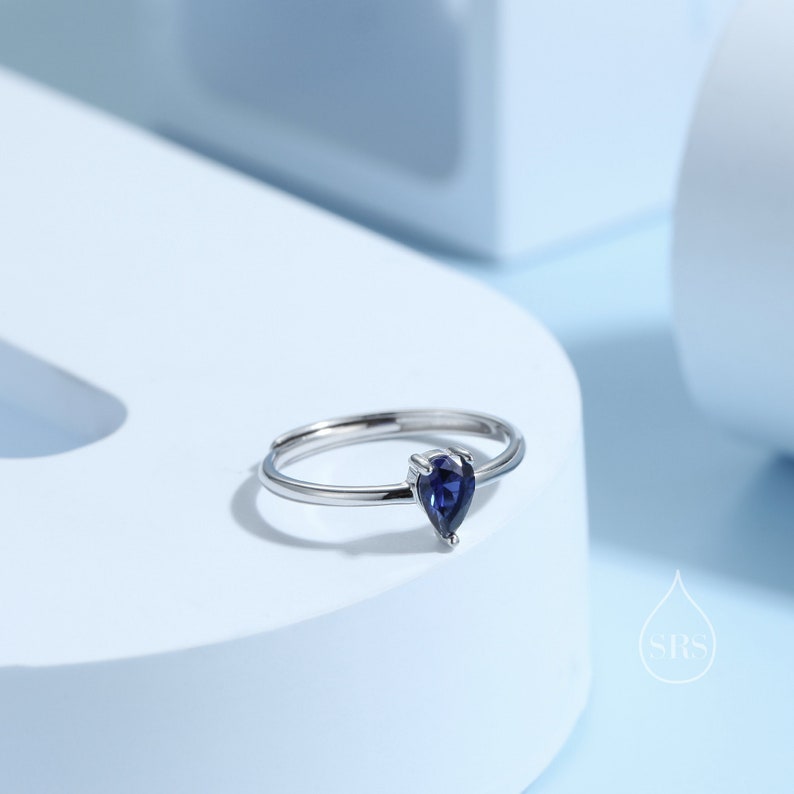 Created Blue Sapphire Droplet Ring in Sterling Silver, 4x6mm, Prong Set Pear Cut, Adjustable Size, Blue Corundum Ring, September Birthstone image 3