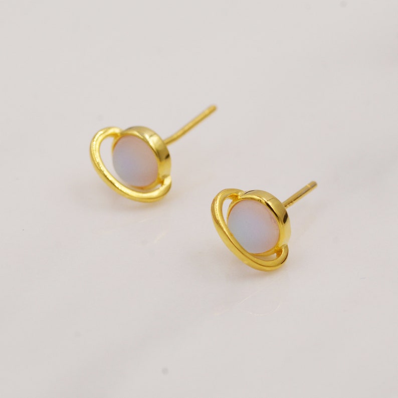 Little Planet Stud Earrings in Sterling Silver - Simulated Moonstone - Gold or Silver - Sold as a Pair - Cute, Fun, Whimsical and Pretty image 7