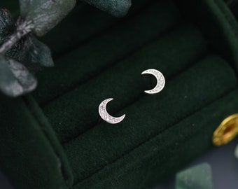 CZ Crescent Moon Stud Earrings in Sterling Silver, Tiny Moon Earrings, Silver or Gold, Celestial, Moon and Star, Stacking Earrings