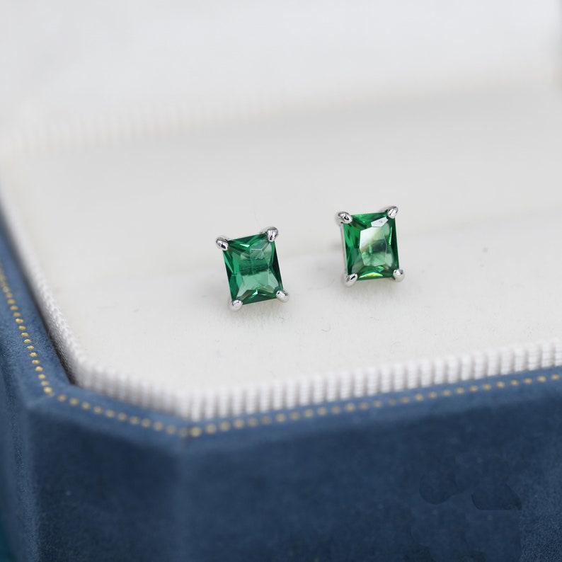 Emerald Cut Emerald Green CZ Stud Earrings in Sterling Silver, Silver or Gold, Square Cut Crystal Earrings, May Birthstone image 2
