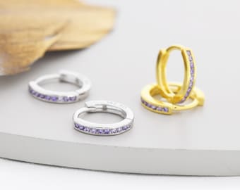 Extra Skinny  Lilac Purple Amethyst CZ Huggie Hoop in Sterling Silver, Silver or Gold,  8mm Hoop Earrings, February Birthstone