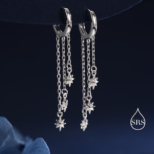 Delicate Starburst Cascade Dangle Huggie Hoop Earrings in Sterling Silver, Triple Star Drop Dangle Earrings in Silver or Gold or Rose Gold