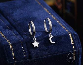 Moon and Star Dangle Huggie Hoop Earrings in Sterling Silver, Silver or Gold or Rose Gold, Moon and Star Skinny Hoops