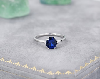 1 Carat Sapphire Blue CZ Brilliant Cut Ring in Sterling Silver, 6.5mm Blue Zircon Ring, US Size 5-8, September Birthstone