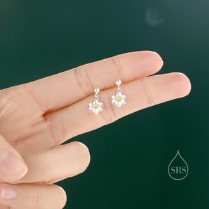 Daffodil Drop Stud Earrings in Sterling Silver, Tiny Daffodil Flower Dangle Earrings, Small Daffodil Earrings, Birth Flower for March image 4