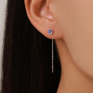 Pendientes de plata de ley con forma de punto de piedra lunar simulada de 4 mm, con cierre de presión y piedra lunar de laboratorio, en plata u oro, con cadena.