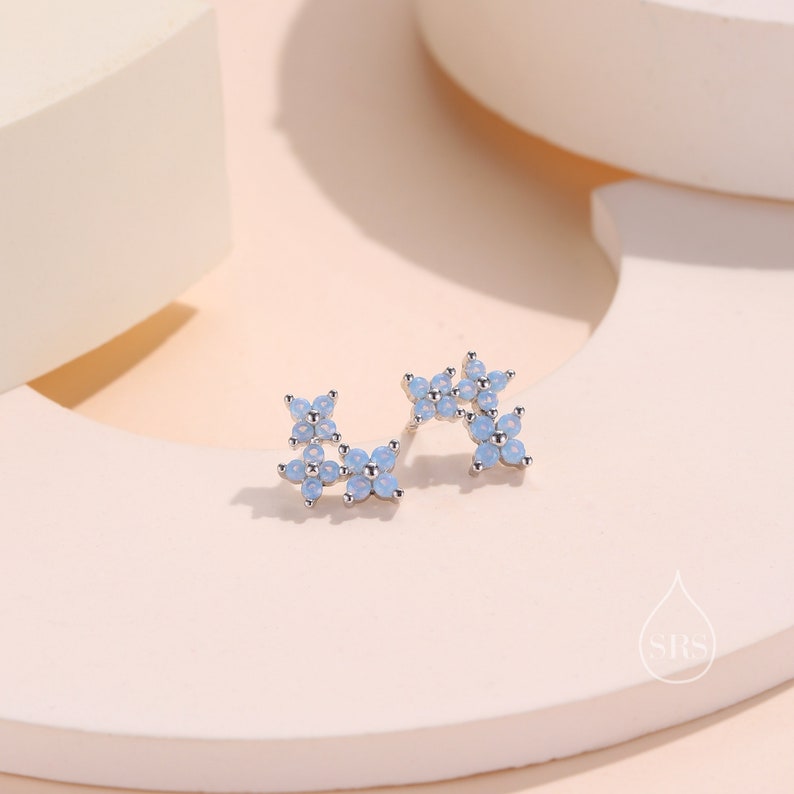 Tiny Hydrangea Bouquet CZ Stud Earrings in Sterling Silver, Silver or Gold, Opal Blue or Opal Pink, Three CZ Flower Earrings, CZ Cluster zdjęcie 4