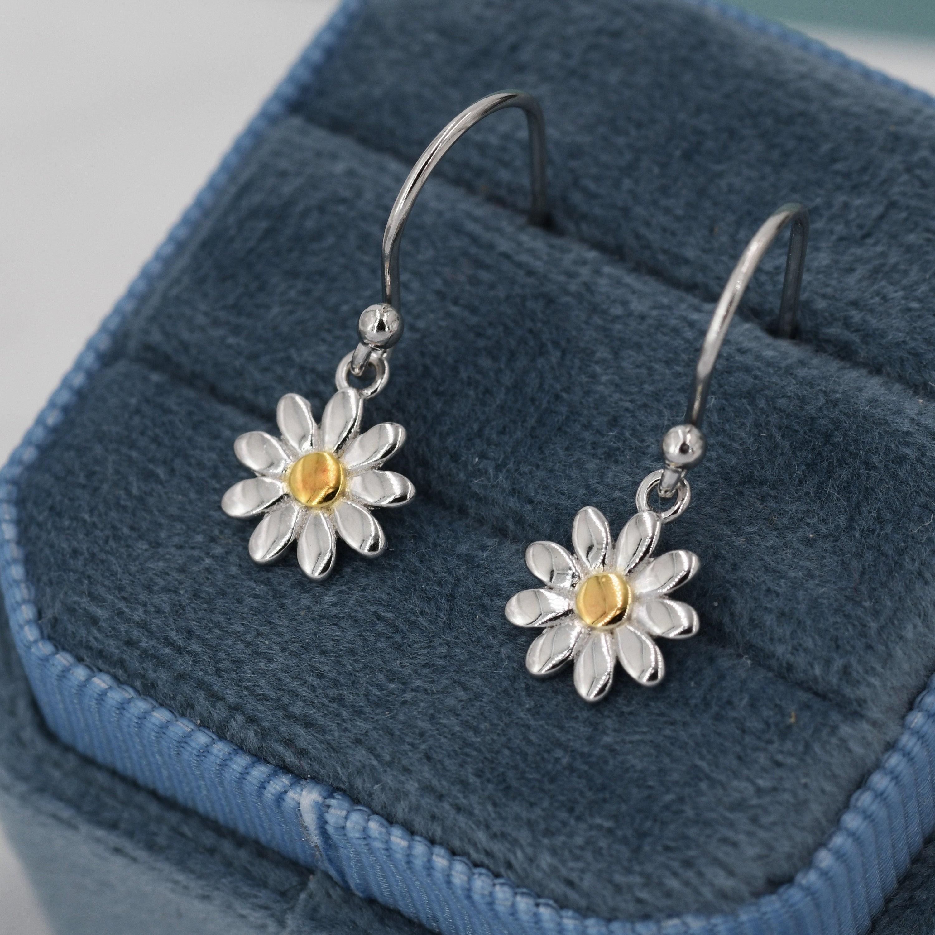 Little Daisy Flower Drop Hook Earrings in Sterling Silver Cute