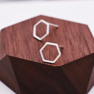 Open Hexagon Stud Earrings in Sterling Silver, Minimalist Geometric Design