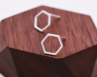 Open Hexagon Stud Earrings in Sterling Silver, Minimalist Geometric Design