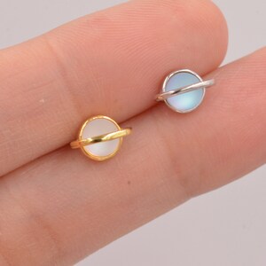Little Planet Stud Earrings in Sterling Silver - Simulated Moonstone - Gold or Silver - Sold as a Pair - Cute, Fun, Whimsical and Pretty image 3