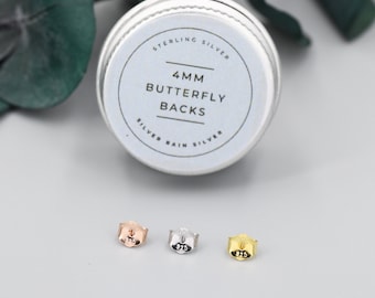 Puede incluir: Tres cierres de mariposa para pendientes de plata de ley de 4 mm en oro rosa, plata y oro. Los cierres están en un pequeño contenedor etiquetado como "Sterling Silver 4mm Butterfly Backs Silver Rain Silver".