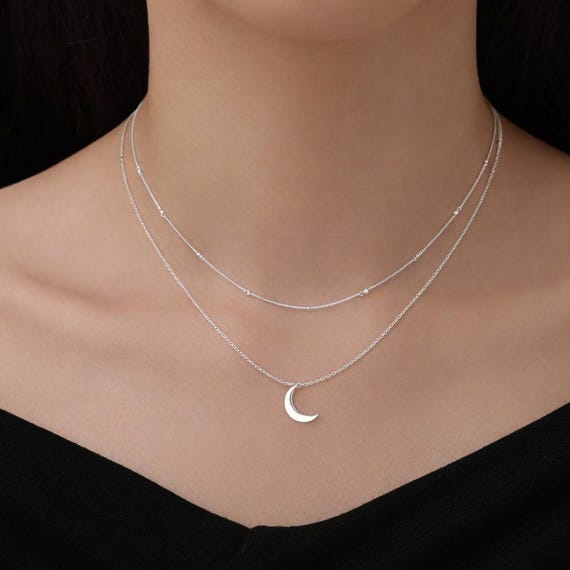 Double Layer Crescent Moon Pendant Necklace in Sterling Silver 