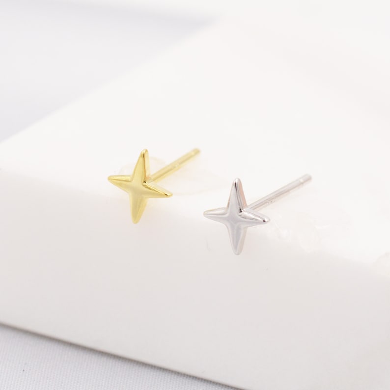 Four Point Star Stud Earrings in Sterling Silver, Tiny Celestial Stud, Polished or Textured, Gold or Silver image 6