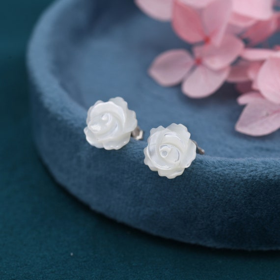 Hand Carved Mother of Pearl Rose Flower Design Stud Earrings
