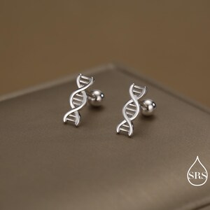 Op de afbeelding: Een paar zilverkleurige oorstekers. Elke oorbel heeft een DNA-dubbele helix-ontwerp met een kleine, ronde achterkant. De oorbellen worden gepresenteerd op een bruin oppervlak.