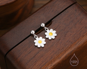 Boucles d'oreilles en argent sterling émail fleur de marguerite, boucles d'oreilles Dainty Dangle Daisy Flower