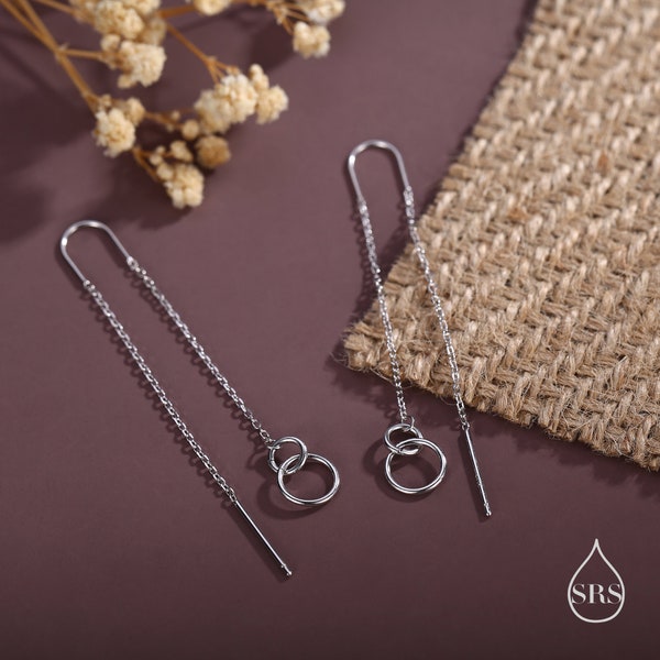 Double Circle Threader Earrings in Sterling Silver, Interlink Circle Ear Threaders, Silver, Gold or Rose Gold, Long Threaders U Threaders