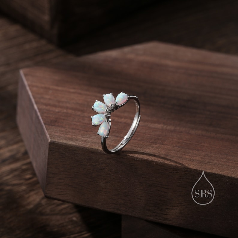 White Opal Curved Ring in Sterling Silver, Lab Opal Tiara Ring ...