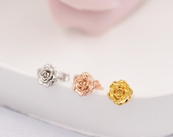 Pendientes de rosa de plata de ley, plata, oro u oro rosa, pendientes de rosa, pendientes de flores pequeñas, inspirados en la naturaleza