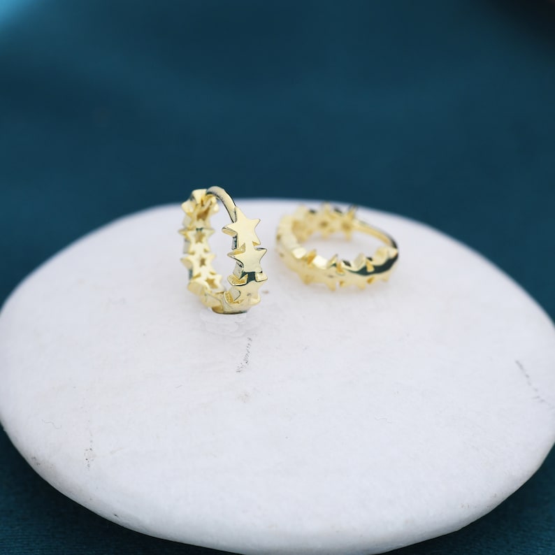 Star Motif Huggie Hoop Earrings in Sterling Silver, Star Hoop Snug Earrings, 8mm Hoop, Silver or Gold, Geometric Design image 2
