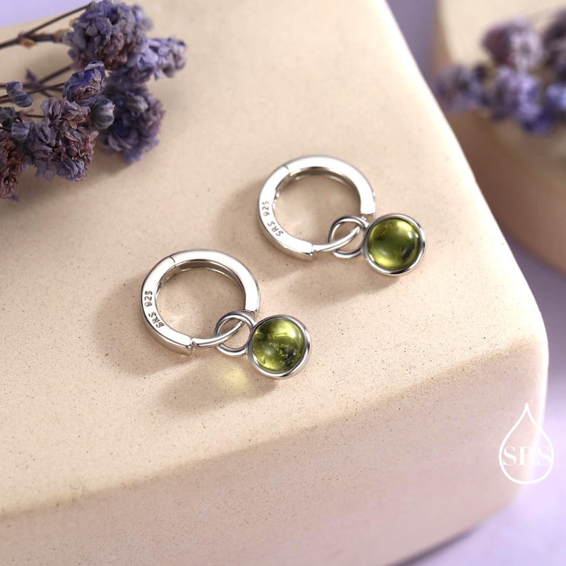 Genuine Peridot Hoop Earrings in Sterling Silver, Detachable Green Peridot Coin Dangle Hoop Earrings, Interchangeable, August Birthstone image 4