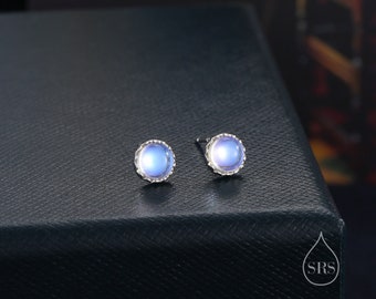 Sterling Silver 6mm Moonstone Stud Earrings, Tiny Lab Moonstone Earrings, Moonstone Stud
