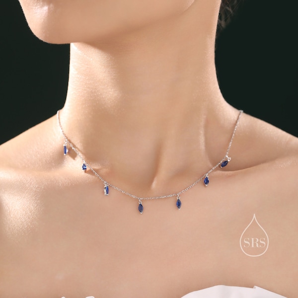 Collana con ciondolo marchesa blu zaffiro CZ in argento sterling, argento o oro, collana con fascino marchesa, collana satellite con goccioline