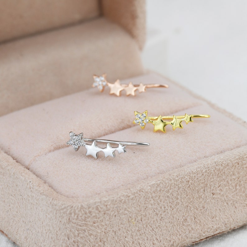 CZ Star Crawler Earrings in Sterling Silver, Silver or Gold, Four Star Earrings, Ear Climbers, Celestial Earrings image 2
