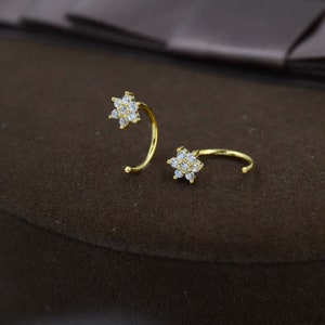 Clear CZ Flower Huggie Hoop Earrings in Sterling Silver, Tiny CZ Cluster Open Hoops, Pull Through Threaders, Half Hoops
