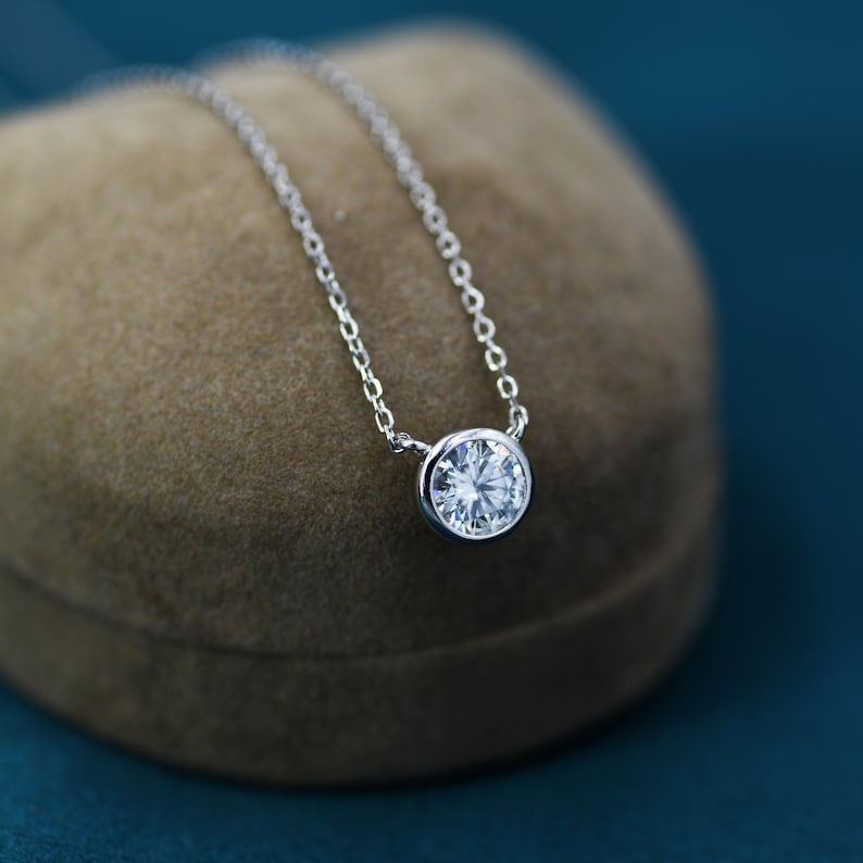 1 Carat Moissanite Solitaire Bezel Pendant Necklace in Sterling Silver, 1 Ct Moissanite Diamond Bubble Necklace, 6.5mm Moissanite image 4
