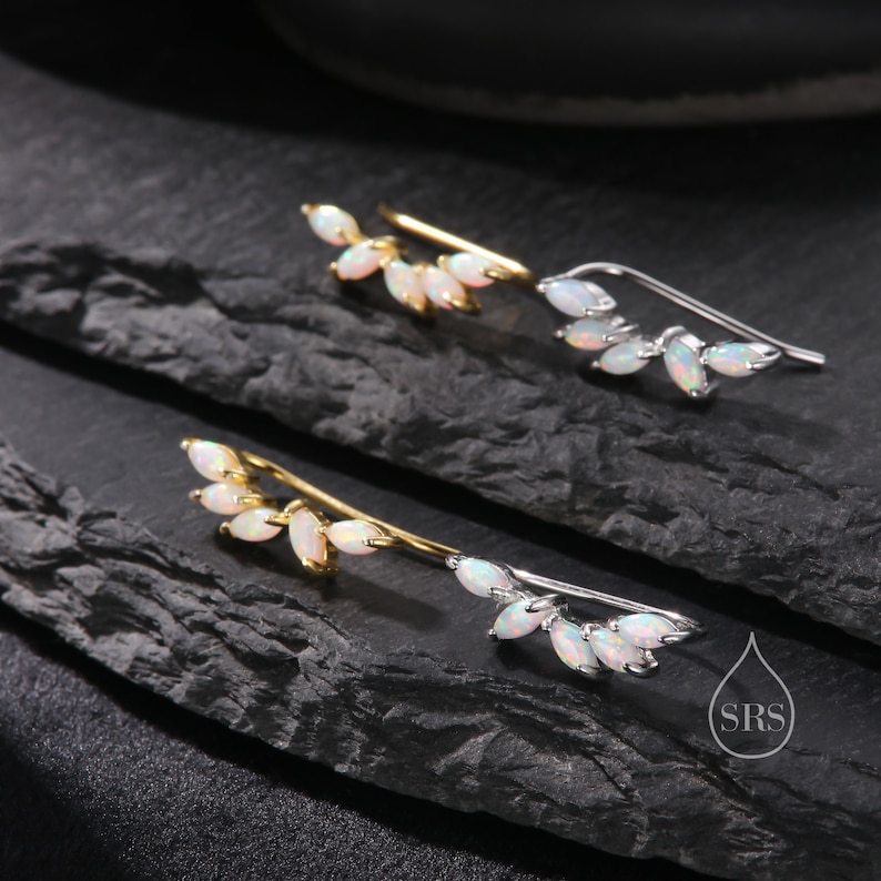 Boucles d'oreilles sur chenilles marquise en opale blanche en argent sterling, grimpeurs d'oreilles en grappe marquise, argent ou or, boucles d'oreilles opale de laboratoire image 6