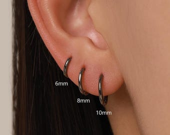Minimalist Black Huggie Hoops in Sterling Silver, 6mm, 7mm, 8mm, 9mm, 10mm Black Rhodium Clicker Hoops, Sleeper Hoop Earrings, Plain Hoops