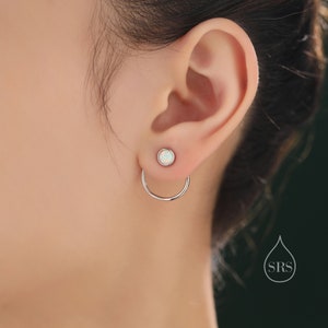 Double Circle White Opal Ear Jacket in Sterling Silver,  Two Way Detachable Circle Earrings, Front and Back Lab Opal Earring, Silver or Gold