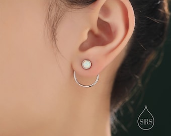 Blouson d'oreille double cercle en opale blanche en argent sterling, boucles d'oreilles cercles amovibles dans les deux sens, boucle d'oreille en opale de laboratoire à l'avant et à l'arrière, argent ou or