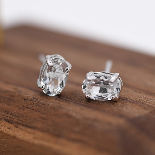 Genuine White Topaz Crystal Stud Earrings in Sterling Silver, Natural Topaz Quartz Stud Earrings,  April Birthstone