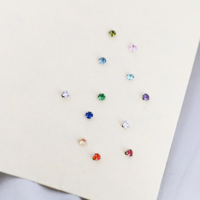 Sterling Silver Tiny Birthstone Stud Earrings, 3mm Birthstone CZ Earrings, Stacking Earrings 画像 7