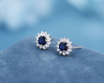 Sapphire Flower Stud Earrings in Sterling Silver, Gold or Silver, Simulated Sapphire Flower Earrings, Blue CZ Flower Earrings