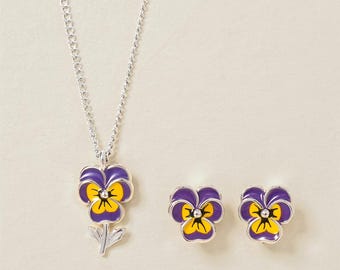 Sterling Silver Enamel Pansy Flower Earrings and Necklace Set
