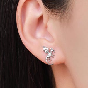 Dragon with Wings Stud Earrings in Sterling Silver, Available in Silver, Gold or Rose Gold, Sterling Silver Dragon Earrings image 7