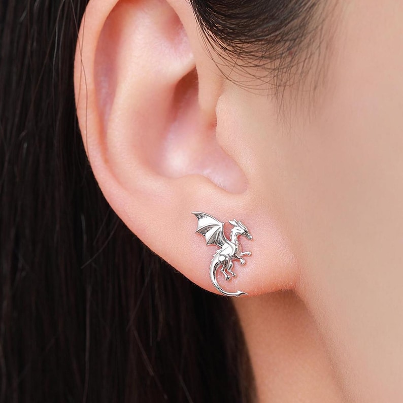 Dragon with Wings Stud Earrings in Sterling Silver, Available in Silver, Gold or Rose Gold, Sterling Silver Dragon Earrings image 7