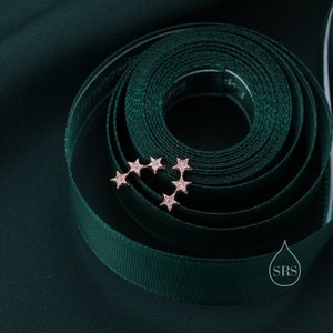May include: A pair of rose gold star-shaped earrings with small clear gemstones set in each point of the star. The earrings are on a dark green background.